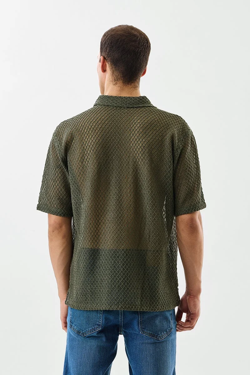 Snitch Olive Box Fit Crochet Cuban Collar Shirt for Men | Best Price UAE