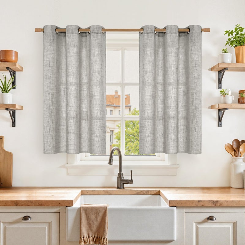 YoungsTex Linen Curtains 40 Inches Long for Kitchen Cafe Window, Dark Grey Semi Sheer Drapes Light Filtering with Bronze Grommet Short Length for Bedroom Bathroom, 2 Panels, 42 X 40 Inch - Image 1