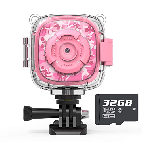 AKAMATE Kids Action Camera Waterproof Video Digital Children Cam 1080P HD Sports Camera Camcorder for Boys Girls Buildin 4Games 32GB SD Card Pink - Image 1