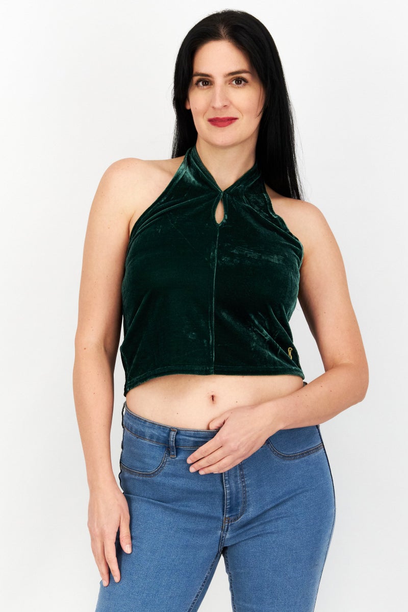 STEVE MADDEN Women Velvet  Halter Neck Sleeveless Top, Green - Image 1