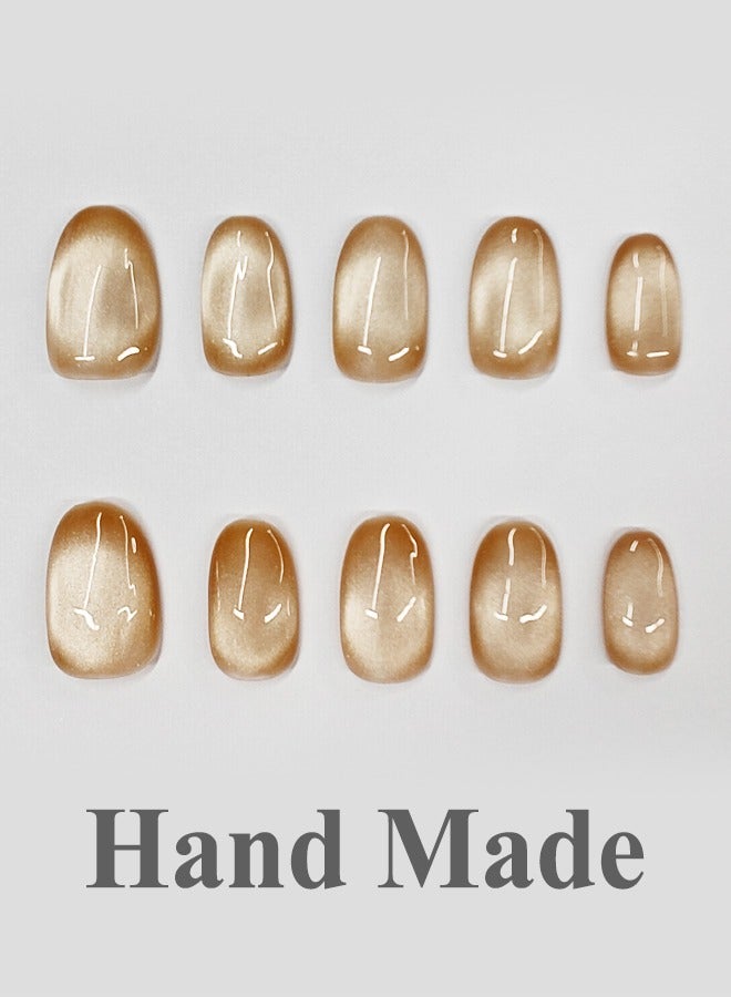 Generic Press On Nails Short Almond - Nude Handmade Soft Gel Fake Nails, Amberu0026Golden brown Glitter False Nails, Glossy Cat Eye Matal Glue on Nails Kit for Women,Two Sizes Mu0026S,10PCS - Image 1