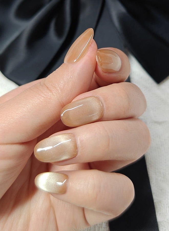 Generic Press On Nails Short Almond - Nude Handmade Soft Gel Fake Nails, Amberu0026Golden brown Glitter False Nails, Glossy Cat Eye Matal Glue on Nails Kit for Women,Two Sizes Mu0026S,10PCS - Image 3