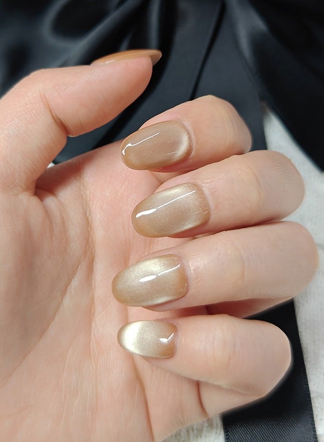 Generic Press On Nails Short Almond - Nude Handmade Soft Gel Fake Nails, Amberu0026Golden brown Glitter False Nails, Glossy Cat Eye Matal Glue on Nails Kit for Women,Two Sizes Mu0026S,10PCS - Image 4