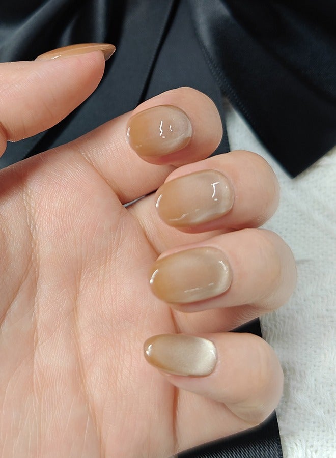 Generic Press On Nails Short Almond - Nude Handmade Soft Gel Fake Nails, Amberu0026Golden brown Glitter False Nails, Glossy Cat Eye Matal Glue on Nails Kit for Women,Two Sizes Mu0026S,10PCS - Image 5