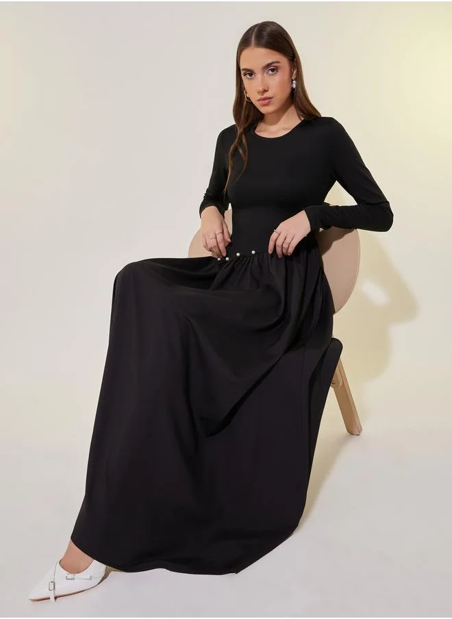 ستايلي Solid Waist Pleated Faux Pearl Detail Maxi Dress