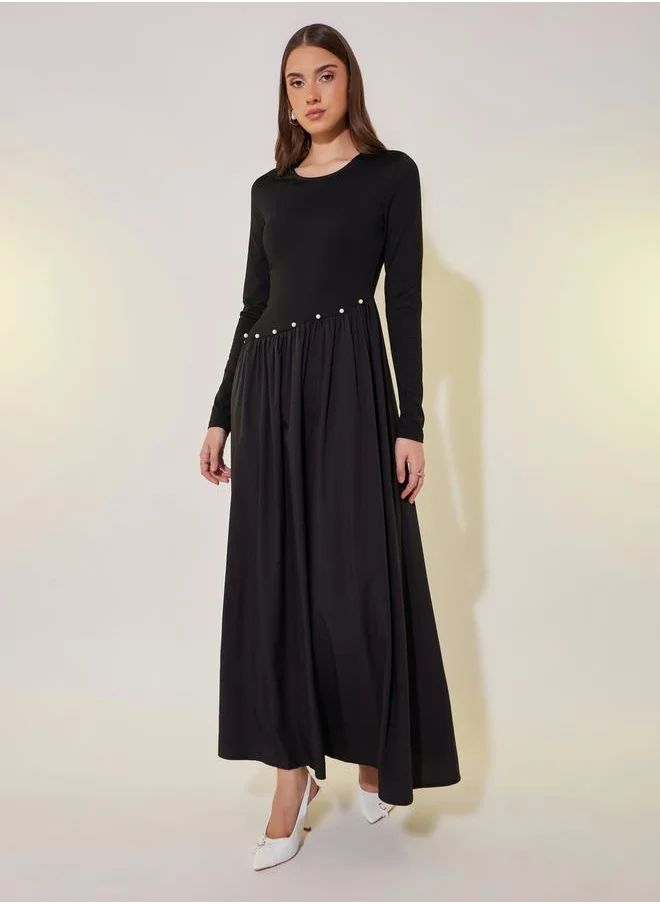 ستايلي Solid Waist Pleated Faux Pearl Detail Maxi Dress