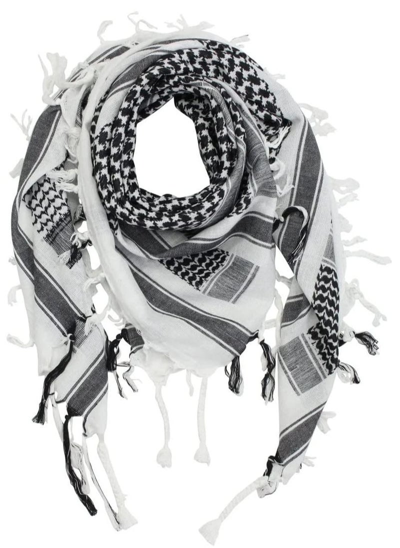 Generic Shemagh Scarf Military Tactical Desert Keffiyeh Scarf Head Neck Scarf Bandana Cotton Colorful Arab Scarves Wrap with Tassel for Men & Womenâ€¦ (White Black)  - Image 1