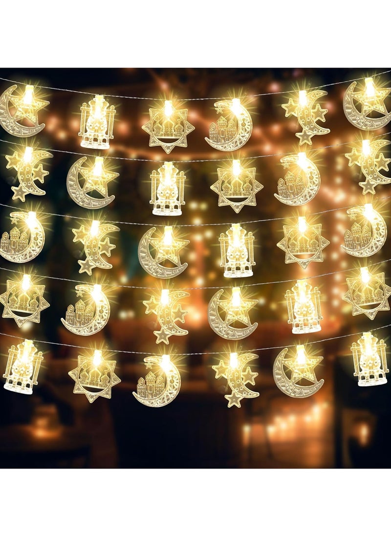 VUCATIN أضواء رمضان، 9.84 قدم، 20 مصباح LED أبيض دافئ لرمضان، سلسلة أضواء تعمل بالبطارية على شكل نجمة قمر رمضان لتزيين رمضان وعيد مبارك وديكور الحفلات الداخلية والخارجية  - Image 4