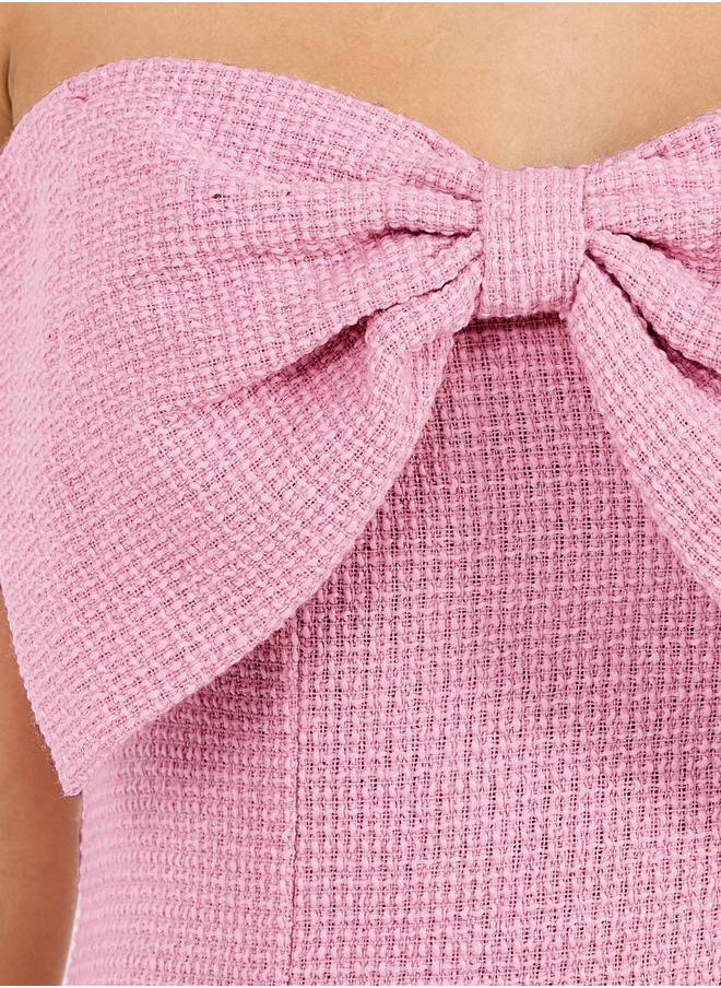 Styli Bow Detail Bandeau Neck Tweed Sheath Midi Dress  - Image 3