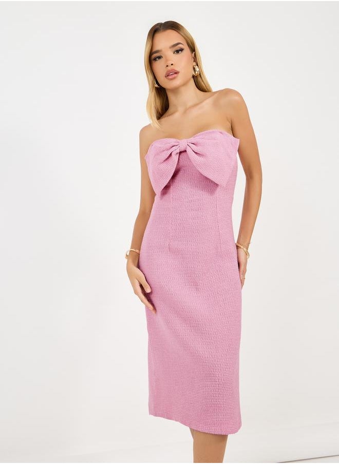 Styli Bow Detail Bandeau Neck Tweed Sheath Midi Dress  - Image 2