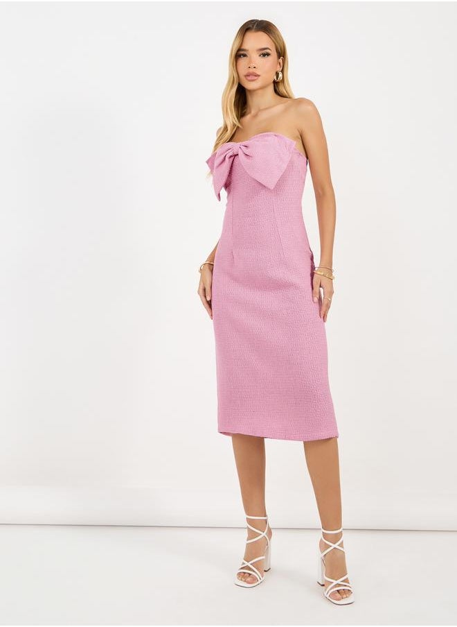 Styli Bow Detail Bandeau Neck Tweed Sheath Midi Dress  - Image 4