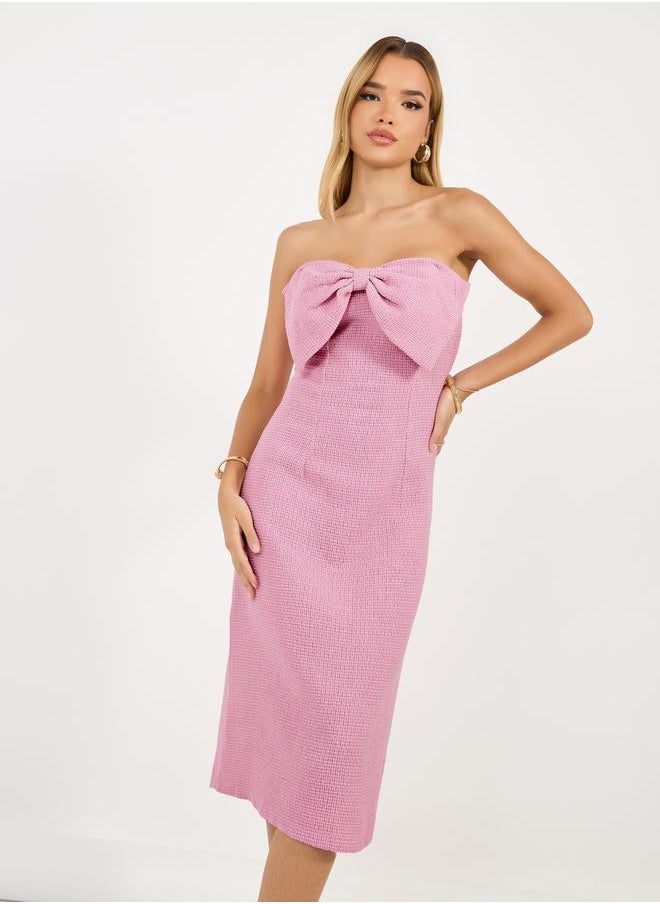 Styli Bow Detail Bandeau Neck Tweed Sheath Midi Dress  - Image 5