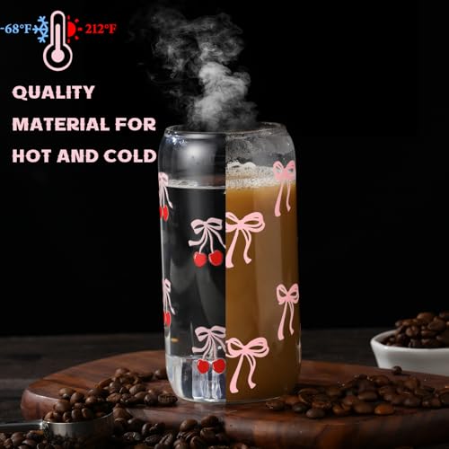 Skylety مجموعة سكايليتي من 2 كوب زجاجي مزين بقوس 16 أونصة مع أغطية وقشات زجاجية قابلة لإعادة الاستخدام مزينة بقوس وردي مع أغطية سيليكون لحماية الأغطية و2 فرشاة لشرب القهوة والشاي والكوكتيل (قوس الكرز) - Image 5