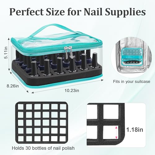 SUBAY Clear Nail Polish Organizer Holds 30 Bottles Nail Polish Storage Organizer Case for Nail Supplies Manicure Tools Portable Nail Tech Travel Case Bag for Nail Stuff Storage Display Mint Green - Image 3