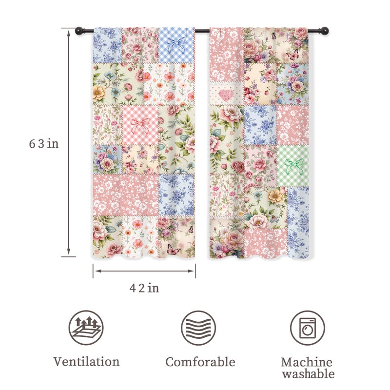 Riyidecor Boho Pink Floral Curtains Shabby Chic Patchwork Vintage Flowers Cute Bohemian Plants Retro Farmhouse Rod Pocket for Women Female Bedroom Living Room Treatment Fabric 2 Panels 42Wx63H Inch - Image 3