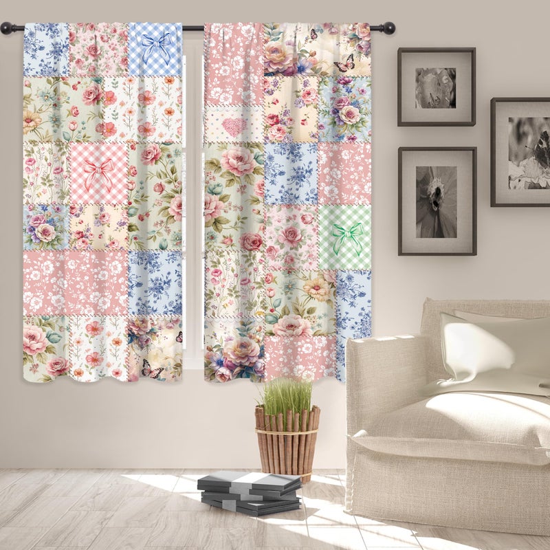 Riyidecor Boho Pink Floral Curtains Shabby Chic Patchwork Vintage Flowers Cute Bohemian Plants Retro Farmhouse Rod Pocket for Women Female Bedroom Living Room Treatment Fabric 2 Panels 42Wx63H Inch - Image 2
