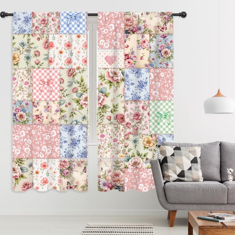 Riyidecor Boho Pink Floral Curtains Shabby Chic Patchwork Vintage Flowers Cute Bohemian Plants Retro Farmhouse Rod Pocket for Women Female Bedroom Living Room Treatment Fabric 2 Panels 42Wx63H Inch - Image 5