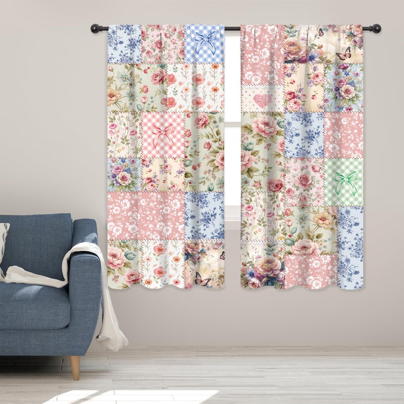 Riyidecor Boho Pink Floral Curtains Shabby Chic Patchwork Vintage Flowers Cute Bohemian Plants Retro Farmhouse Rod Pocket for Women Female Bedroom Living Room Treatment Fabric 2 Panels 42Wx63H Inch - Image 4