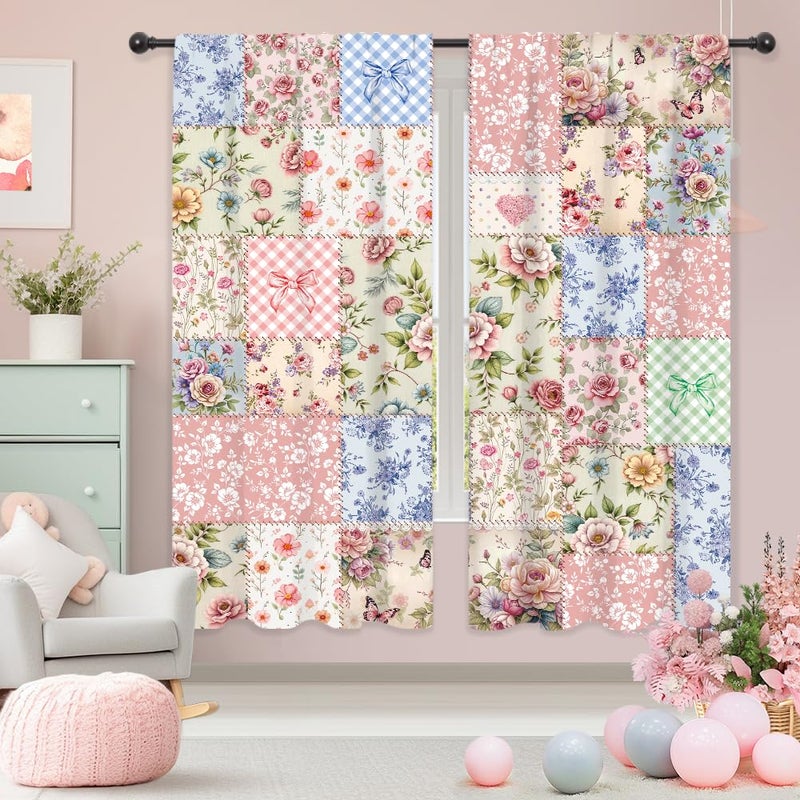 Riyidecor Boho Pink Floral Curtains Shabby Chic Patchwork Vintage Flowers Cute Bohemian Plants Retro Farmhouse Rod Pocket for Women Female Bedroom Living Room Treatment Fabric 2 Panels 42Wx63H Inch - Image 1