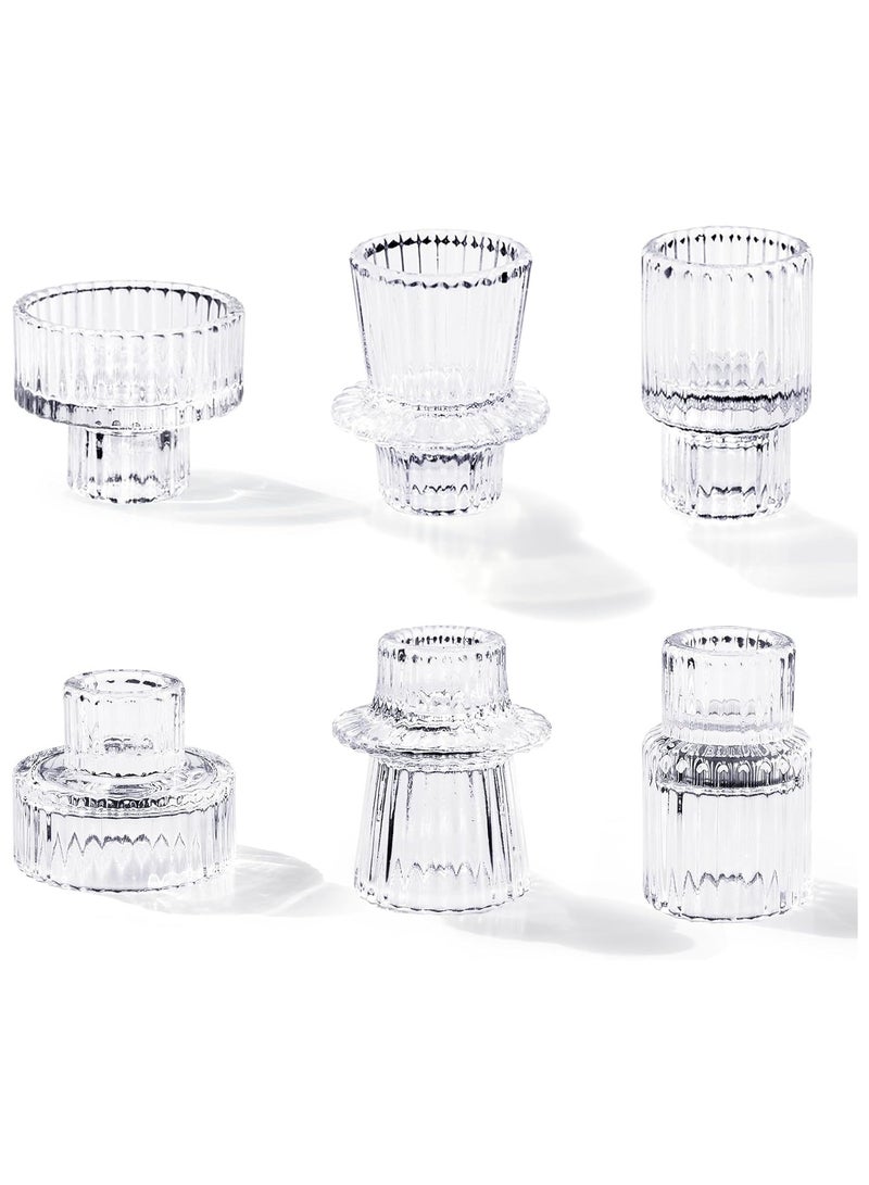 Candlestick Holders Set of 6, Ribbed Glass Taper Candle Holders, Reversible Clear Tealight & Candle Stick Candle Holder Vintage Crystal Tealight Candle Holder for Wedding Dinner Party - Image 1