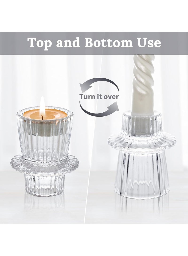Candlestick Holders Set of 6, Ribbed Glass Taper Candle Holders, Reversible Clear Tealight & Candle Stick Candle Holder Vintage Crystal Tealight Candle Holder for Wedding Dinner Party - Image 5