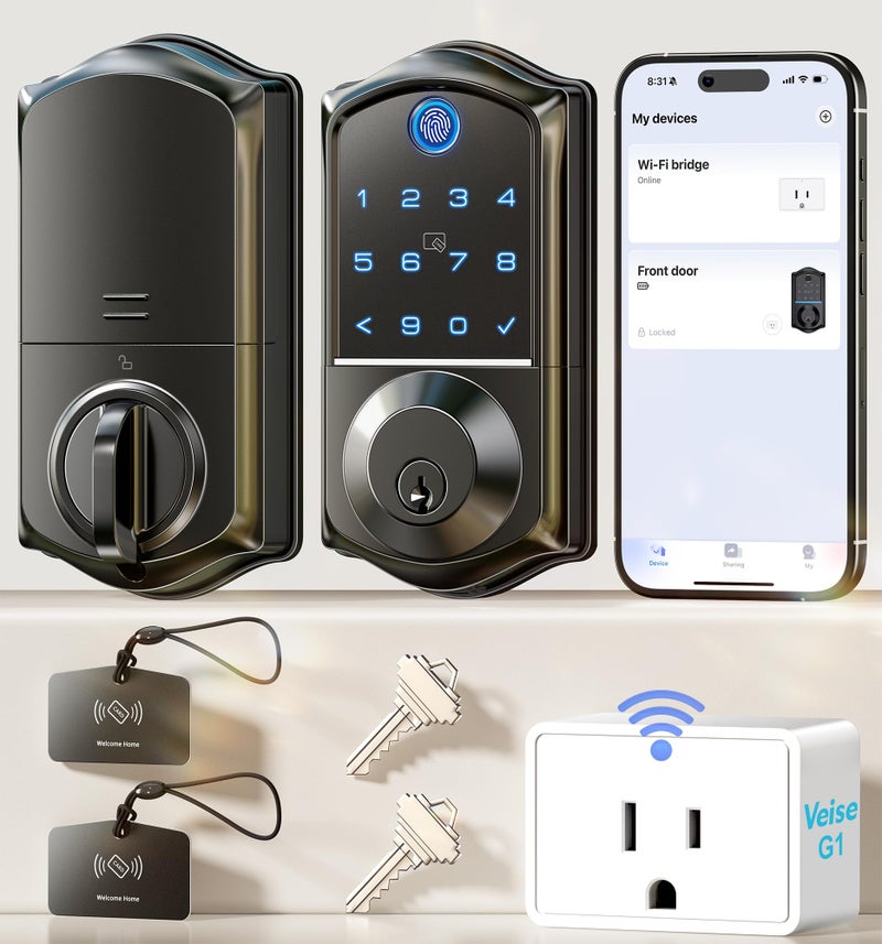 Veise VE017G Wi-Fi Keyless Entry Door Lock with Fingerprint, App Remote Control, Smart Locks for Front Door, Electronic Keypad Deadbolt, Auto Locking, Waterproof, Easy to Install, Matte Black - Image 1
