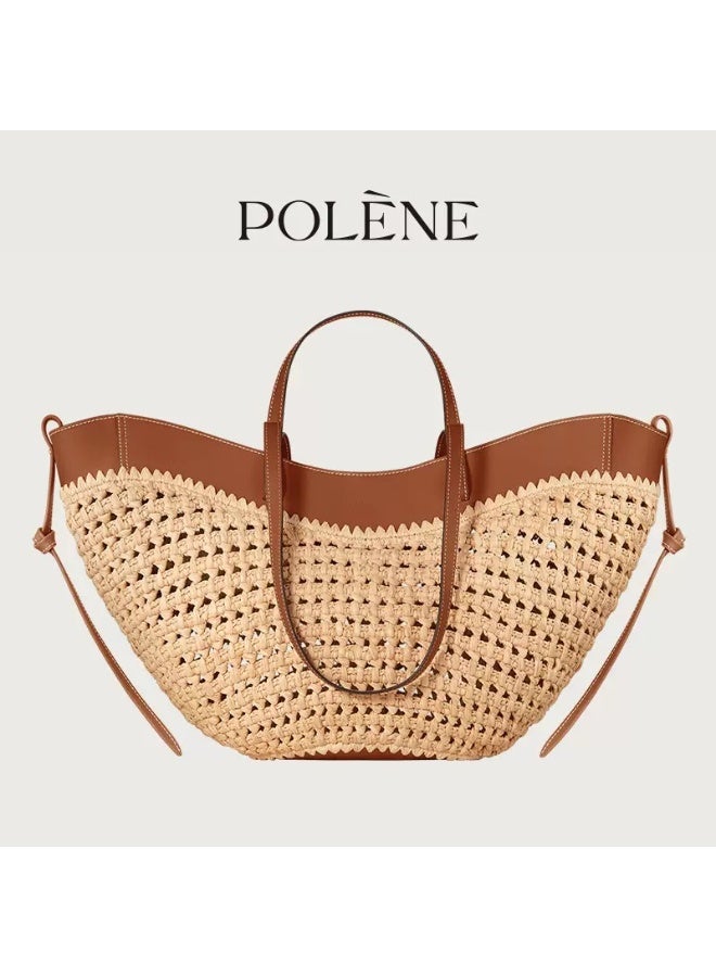 Polène Cyme Large Cognac Raffia Woven Bag, Daily Commuter Hand & Shoulder Bag - Image 1