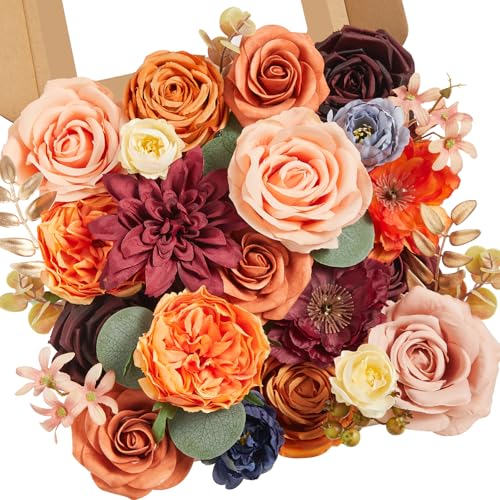 Serwalin Artificial Fall Flowers Orange Burgundy Silk Flowers Wedding Flowers Combo for Cake Home Party Decoration Fake Flowers for Bridal Bouquets Floral Arrangements