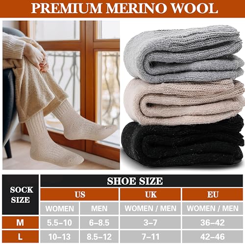 Sandsuced Merino Wool Thermal Boot Socks for Men Women Winter Warm Thick Cozy Hiking Christmas Stocking Stuffers Socks 3 Pairs(Black/Grey/Beige,M) - Image 5