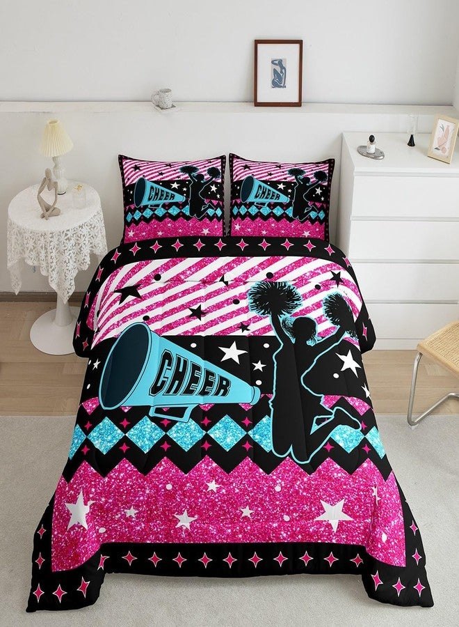 Castle Fairy Cheerleading Girls Comforter Set Full Size,Rose Pink Blue Gliiter Star Stripes Bedding Set 3Pcs,Fashion Bright Sequins Cheerleader Quilted Duvet Kids Teens Women Cheer Duvet Insert Bedroom Decor - Image 1