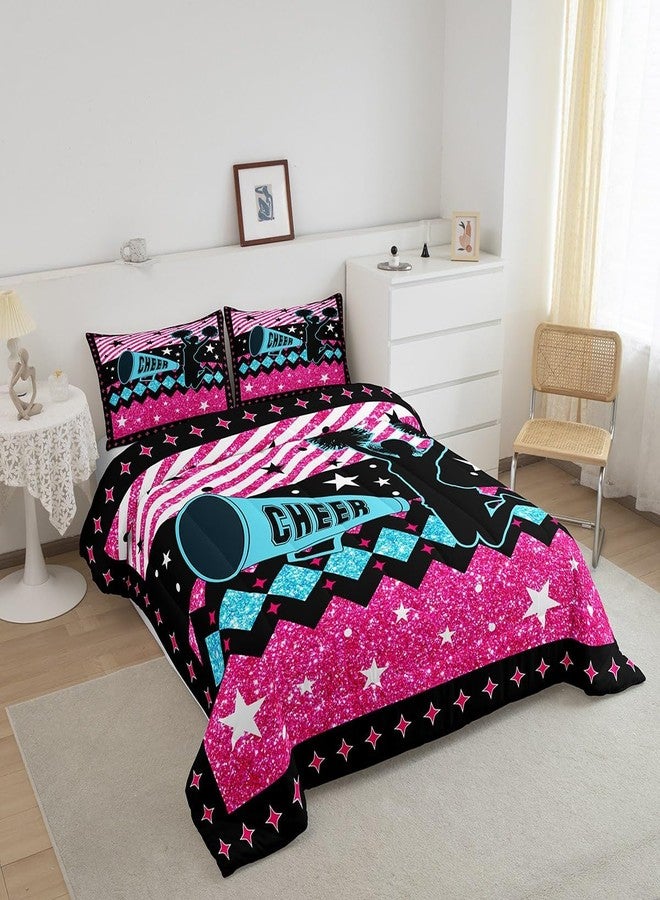 Castle Fairy Cheerleading Girls Comforter Set Full Size,Rose Pink Blue Gliiter Star Stripes Bedding Set 3Pcs,Fashion Bright Sequins Cheerleader Quilted Duvet Kids Teens Women Cheer Duvet Insert Bedroom Decor - Image 2