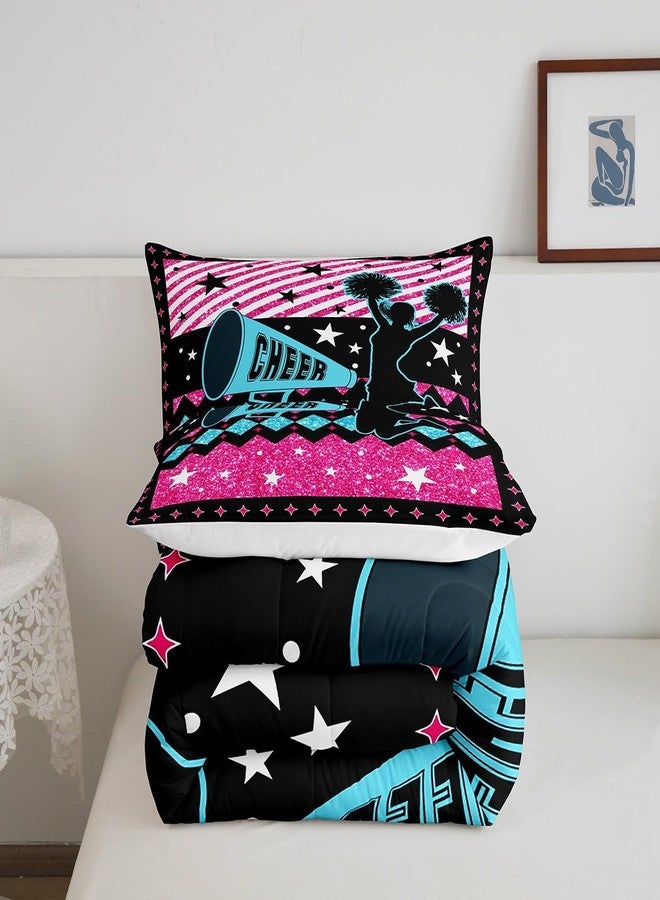Castle Fairy Cheerleading Girls Comforter Set Full Size,Rose Pink Blue Gliiter Star Stripes Bedding Set 3Pcs,Fashion Bright Sequins Cheerleader Quilted Duvet Kids Teens Women Cheer Duvet Insert Bedroom Decor - Image 5