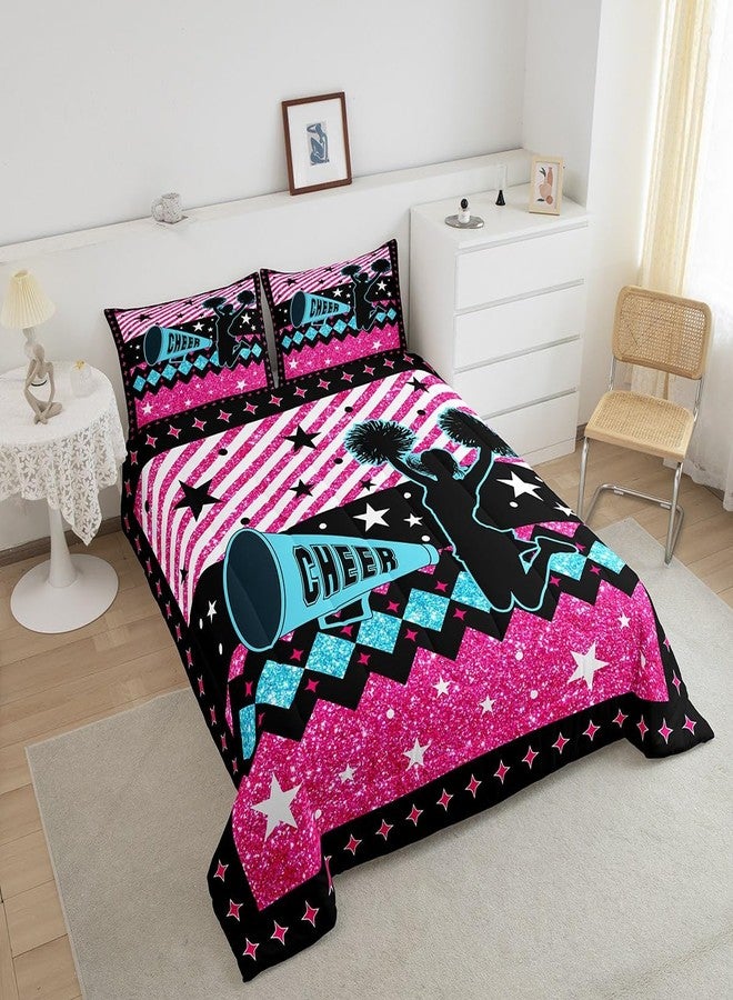 Castle Fairy Cheerleading Girls Comforter Set Full Size,Rose Pink Blue Gliiter Star Stripes Bedding Set 3Pcs,Fashion Bright Sequins Cheerleader Quilted Duvet Kids Teens Women Cheer Duvet Insert Bedroom Decor - Image 3