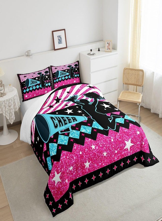Castle Fairy Cheerleading Girls Comforter Set Full Size,Rose Pink Blue Gliiter Star Stripes Bedding Set 3Pcs,Fashion Bright Sequins Cheerleader Quilted Duvet Kids Teens Women Cheer Duvet Insert Bedroom Decor - Image 4