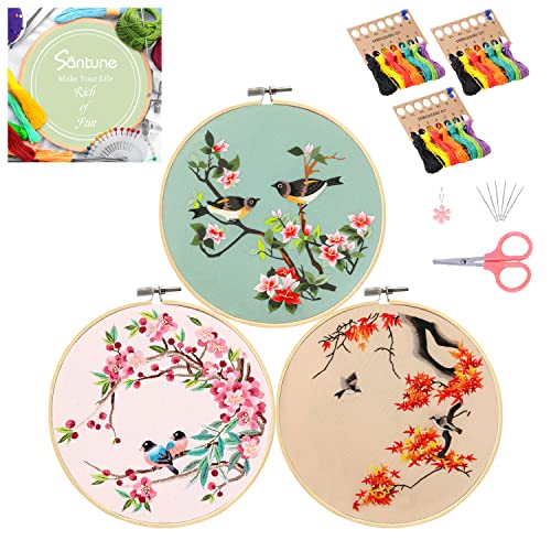 Santune 3 Pack Embroidery Kit for Adults Cross Stitch Kits for Beginners with Bird Patterns,3 Instructions,1 Hoop,Threads and 6 Needles,Hand Needlepoint Sets for Women - Image 1