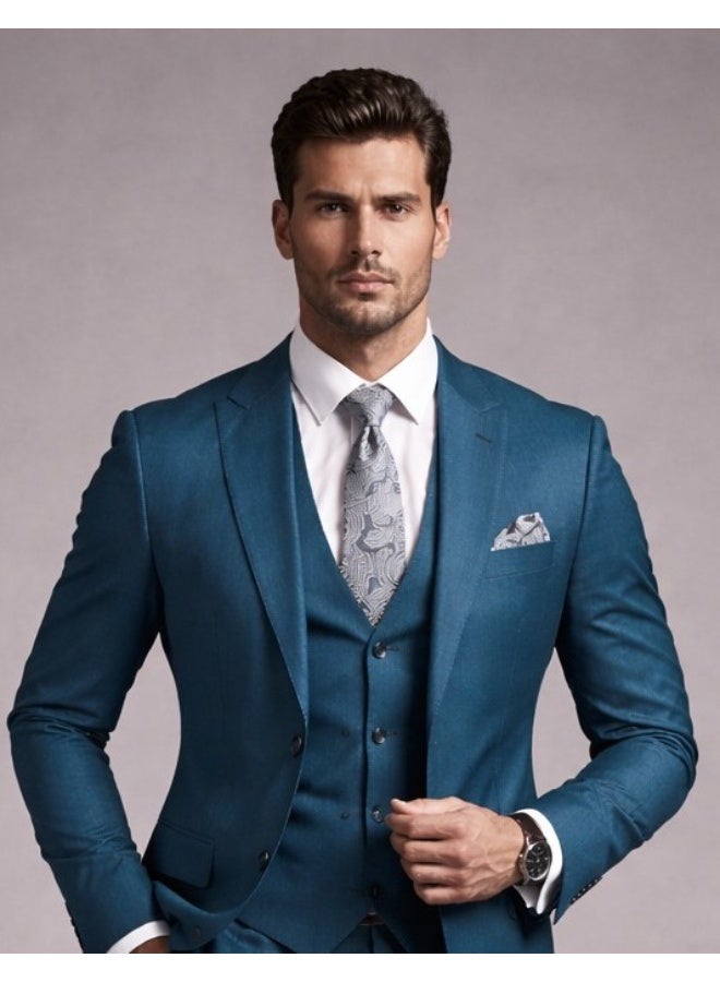 Lavandera Men's Three-Piece Suit, Two-Button, Elegant Style for Occasions and Meetings, Petrol - Image 1