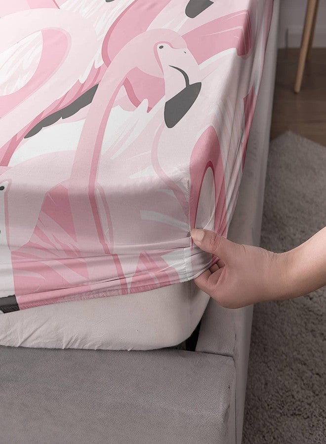 AILONEN Flamingo Fitted Sheet Twin Size, Tropical Flamingo Pattern Bed Sheets for Kids Girls Teens, Sheet Set, 1 Fitted Sheet and 2 Pillow Case, 3 Piece - Image 2