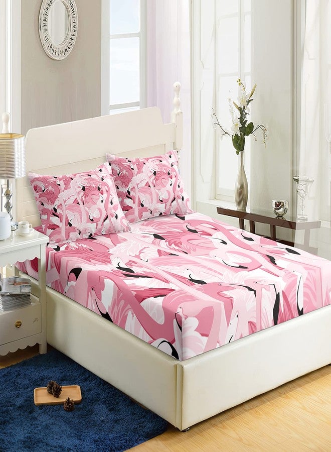 AILONEN Flamingo Fitted Sheet Twin Size, Tropical Flamingo Pattern Bed Sheets for Kids Girls Teens, Sheet Set, 1 Fitted Sheet and 2 Pillow Case, 3 Piece - Image 1