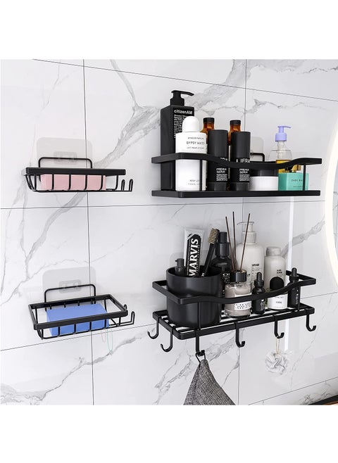 Wall Mounted Storage Shelf Set,4-Piece No Drilling Adhesive Bathroom Storage Organizer,Black