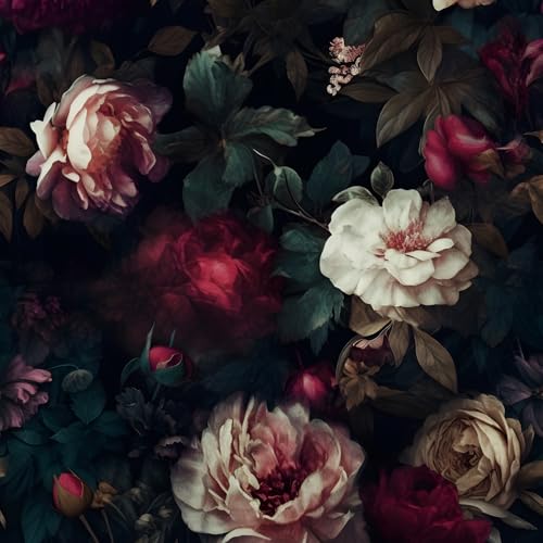 Fvlow Dark Flower Wallpaper Black Floral Peel and Stick Wall Paper 17.4" x 118" Vintage Romantic Contact Paper Waterproof Self Adhesive Goth Witchy Covering for Bedroom Cabinet Bathroom Home Decor Red - Image 1