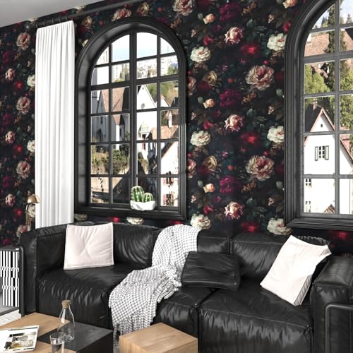 Fvlow Dark Flower Wallpaper Black Floral Peel and Stick Wall Paper 17.4" x 118" Vintage Romantic Contact Paper Waterproof Self Adhesive Goth Witchy Covering for Bedroom Cabinet Bathroom Home Decor Red - Image 2