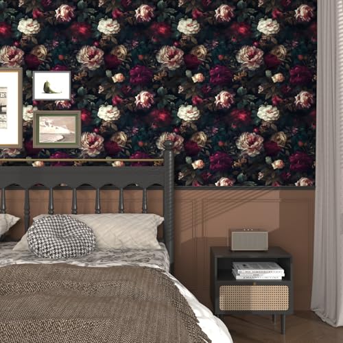 Fvlow Dark Flower Wallpaper Black Floral Peel and Stick Wall Paper 17.4" x 118" Vintage Romantic Contact Paper Waterproof Self Adhesive Goth Witchy Covering for Bedroom Cabinet Bathroom Home Decor Red - Image 5