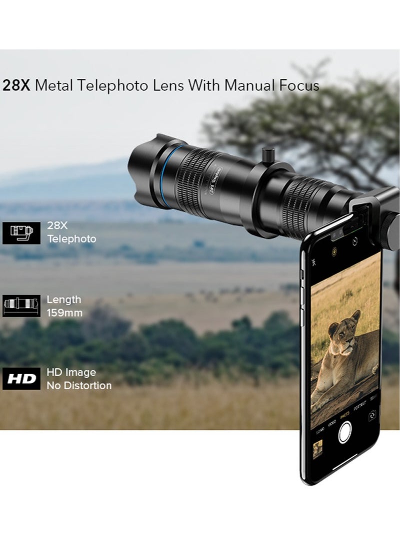 APEXEL - APL-JS28X HD 28X Metal Single-tube Telescope Phone Telephoto Lens with Manual Focus for Most Smartphones for Traveling Sport Events Concert Bird Watching Photography - Image 1