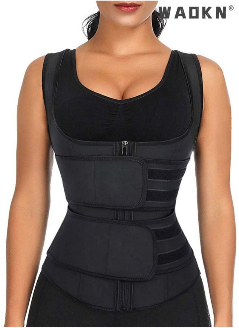 WAOKN Waist Trainer for Women Waist Trainer Corset Vest Tummy Slimming Belly Body Shaper, Double Belt Sauna Workout Trimmer Belts with Zipper and 9 Steel Bones  - Image 1