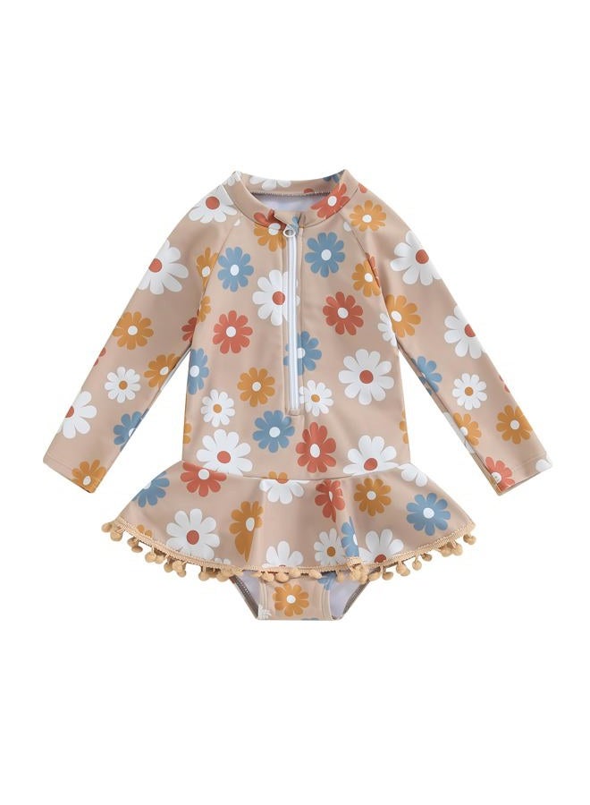 Yccutest Toddler Floral Bathing Suit Girls Long Sleeve Zipper Ruffle Tassel One Piece Swimsuit Kids Rash Guard Swimwear Beach (Apricot, 2-3 Years) - Image 1