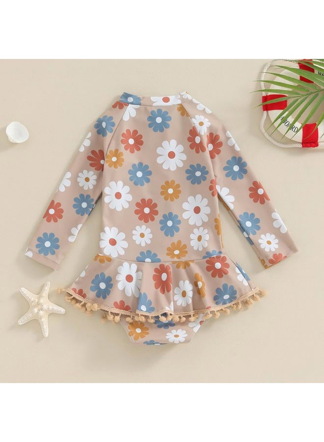 Yccutest Toddler Floral Bathing Suit Girls Long Sleeve Zipper Ruffle Tassel One Piece Swimsuit Kids Rash Guard Swimwear Beach (Apricot, 2-3 Years) - Image 4