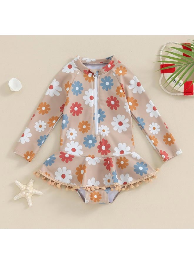 Yccutest Toddler Floral Bathing Suit Girls Long Sleeve Zipper Ruffle Tassel One Piece Swimsuit Kids Rash Guard Swimwear Beach (Apricot, 2-3 Years) - Image 2