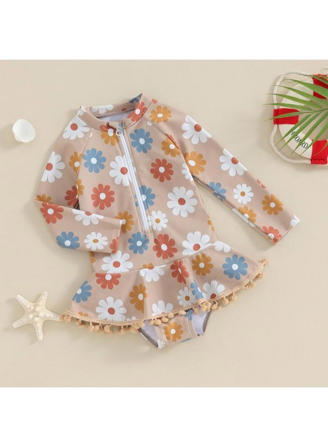 Yccutest Toddler Floral Bathing Suit Girls Long Sleeve Zipper Ruffle Tassel One Piece Swimsuit Kids Rash Guard Swimwear Beach (Apricot, 2-3 Years) - Image 3
