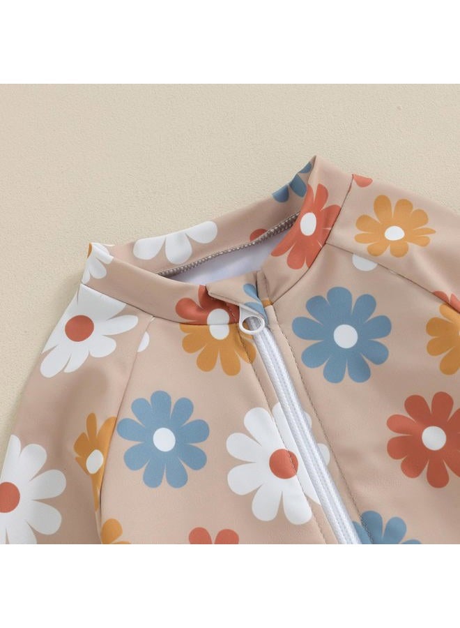 Yccutest Toddler Floral Bathing Suit Girls Long Sleeve Zipper Ruffle Tassel One Piece Swimsuit Kids Rash Guard Swimwear Beach (Apricot, 2-3 Years) - Image 5