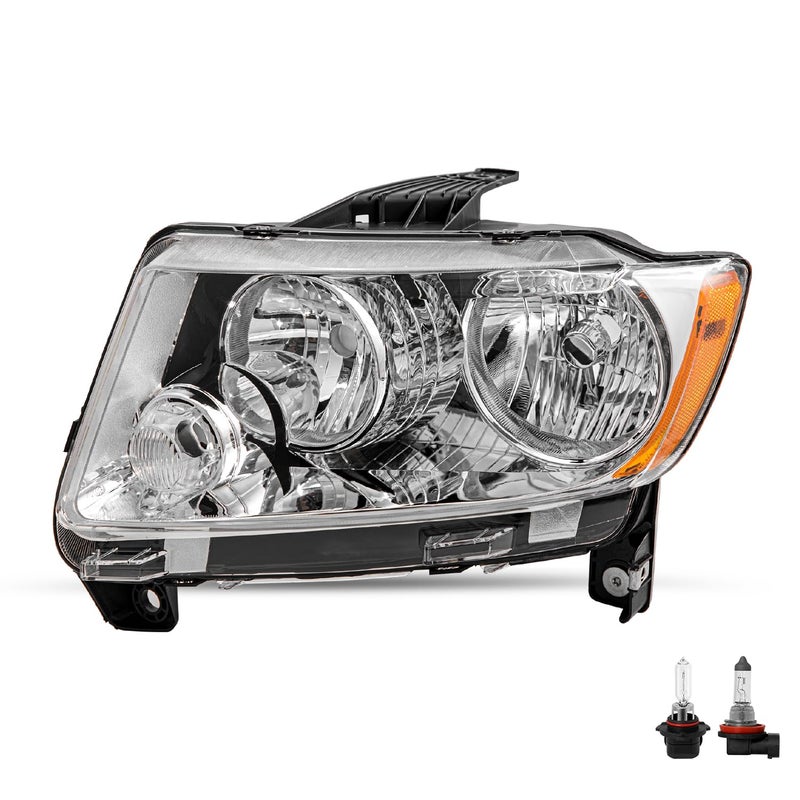 SOCKIR Halogen Headlight Assembly Fit for 2011 2012 2013 Jeep Grand Cherokee 20112017 Compass Passenger and Driver Side NOT for Cherokee Black Housing with Amber Reflector